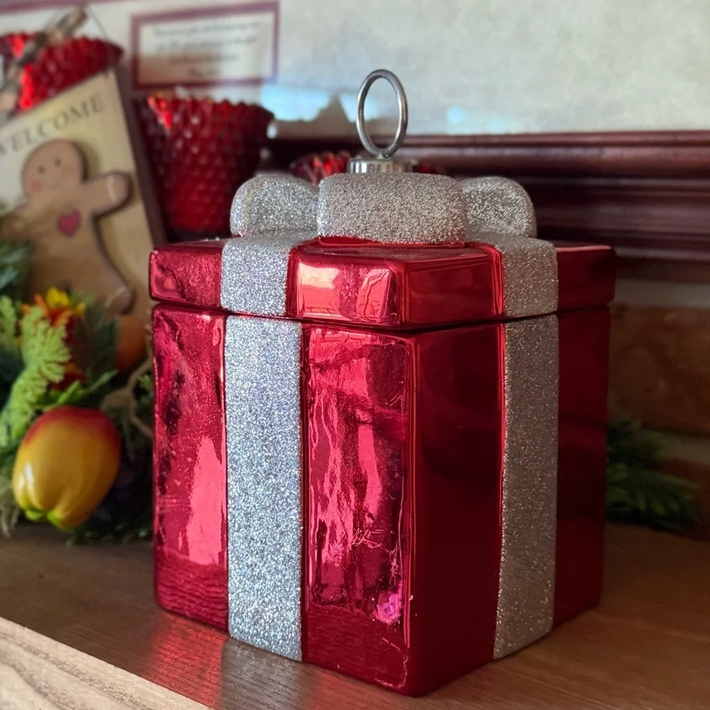 Festive Red Gift Box Ornament with Silver Bow - Holiday Home  Cookie Jar Decor